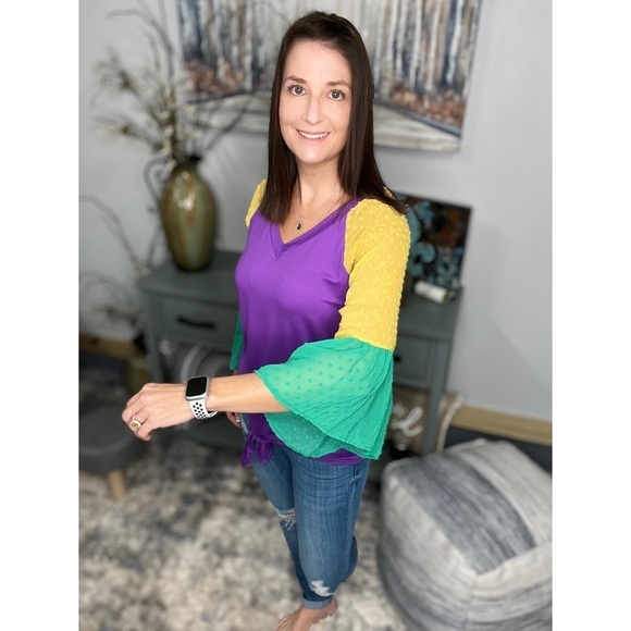 Mardi Gras Color Block Swiss Dot Flutter Bell Sleeves V Neck Tie Bottom 0724 - Picture 8 of 17